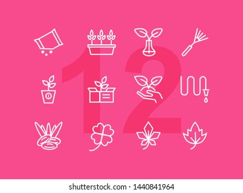 Gardening Line Icon Set. Plants, Leaf, Hose, Rake. Nature Concept. Can Be Used For Topics Like Orchard, Farming, Agriculture