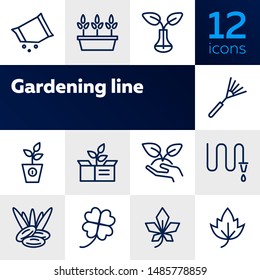 Gardening line icon set. Plants, leaf, hose, rake. Nature concept. Can be used for topics like orchard, farming, agriculture