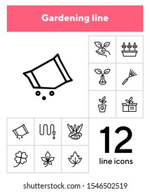 Gardening line icon set. Plants, leaf, hose, rake. Nature concept. Can be used for topics like orchard, farming, agriculture