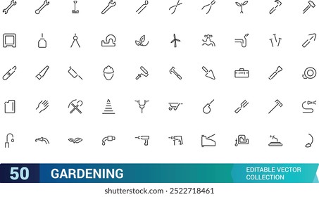 Gardening line icon set. Related to landscaping, farming. Gradening equipment icons. Linear icon collection. Editable stroke icons set. Vector illustration