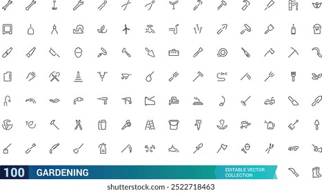 Gardening line icon set. Related to landscaping, farming. Gradening equipment icons. Linear icon collection. Editable stroke icons set. Vector illustration