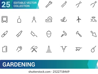 Gardening line icon set. Related to landscaping, farming. Gradening equipment icons. Linear icon collection. Editable stroke icons set. Vector illustration