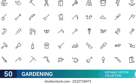 Gardening line icon set. Related to landscaping, farming. Gradening equipment icons. Linear icon collection. Editable stroke icons set. Vector illustration