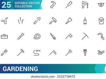 Gardening line icon set. Related to landscaping, farming. Gradening equipment icons. Linear icon collection. Editable stroke icons set. Vector illustration