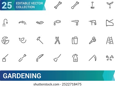 Gardening line icon set. Related to landscaping, farming. Gradening equipment icons. Linear icon collection. Editable stroke icons set. Vector illustration