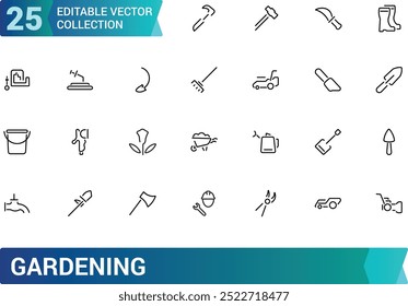 Gardening line icon set. Related to landscaping, farming. Gradening equipment icons. Linear icon collection. Editable stroke icons set. Vector illustration