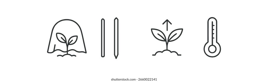 Conjunto de iconos de línea de jardinería. herramientas e icono de crecimiento de plantas colección de contorno