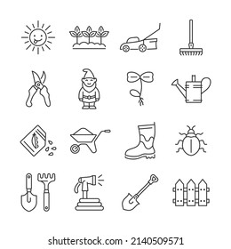 Gardening line icon set. Vector collection with seedling, garden gnome, seeds, bug, garden hose, sun, fence, sprout. Editable stroke.