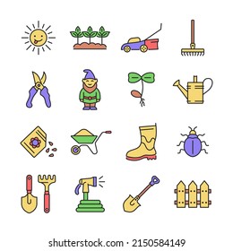 Gardening line icon set. Vector collection with seedling, garden gnome, seeds, bug, garden hose, sun, fence, sprout. Color sign.