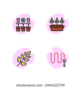 Gardening line icon set. Wheat ear, sprouts in pot, flowers, hose. Agriculture concept. Can be used for topics like farm, harvest, cultivation, nature.