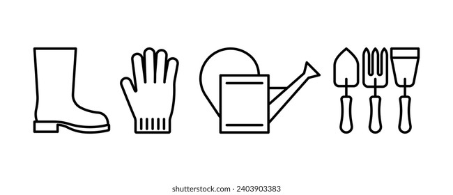 Gardening line icons - garden boot, glove, watering can, tools, rake, shovel, hoe. Linear illustration on a horticulture concept. Editable thin stroke.