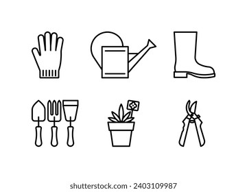 Gardening line icons -  glove, watering can, garden boot, tools, rake, shovel, hoe, seedlings in a pot, pruner. Linear illustration on a horticulture concept. Editable thin stroke.