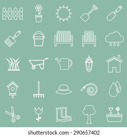Gardening line icons on green background, stock vector