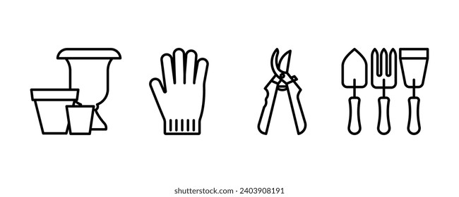 Gardening line icons - pots, glove, tools, rake, shovel, hoe, pruner. Linear illustration on a horticulture concept. Editable thin stroke.