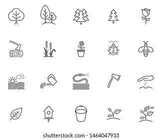 Gardening line icons set. linear style symbols collection, outline signs pack. vector graphics. Set includes icons seeding, plant watering, field, trees, bee, flower, bucket, hose, nesting box, ax