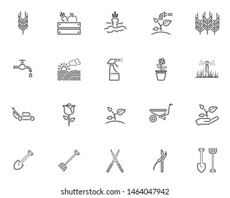 Gardening line icons set. linear style symbols collection outline signs pack. vector graphics. Set includes icons as spike of wheat, watering sprinkler, field, vegetable box, seedling, hand with plant