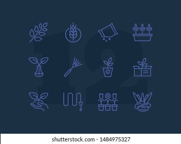 Gardening line icons. Set of line icons on white background. Hobby concept. Flowers, leaf, earth, equipment. Vector illustration can be used for topics like agriculture, hobby, gardening