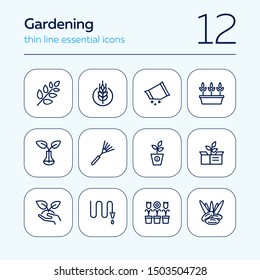 Gardening line icons. Set of line icons on white background. Hobby concept. Flowers, leaf, earth, equipment. Vector illustration can be used for topics like agriculture, hobby, gardening