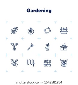 Gardening line icons. Set of line icons on white background. Hobby concept. Flowers, leaf, earth, equipment. Vector illustration can be used for topics like agriculture, hobby, gardening