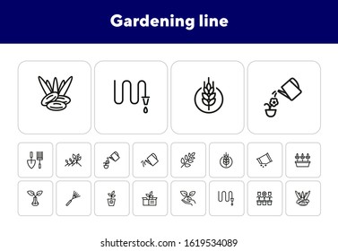Gardening line icons. Set of line icons on white background. Hobby concept. Flowers, leaf, earth, equipment. Vector illustration can be used for topics like agriculture, hobby, gardening
