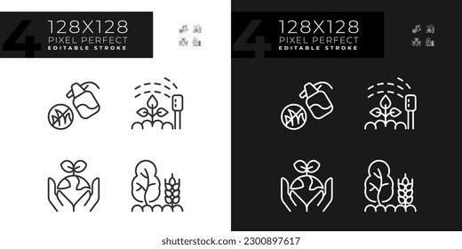 Gardening linear icons set for dark, light mode. Growing healthy plants. Regenerative agriculture. Farming techniques. Thin line symbols for night, day theme. Isolated illustrations. Editable stroke
