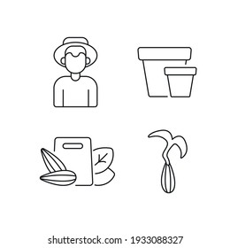 Gardening linear icons set. Garden inventory, equipment. Customizable thin line contour symbols. Isolated vector outline illustrations. Editable stroke