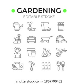 Gardening linear icons set. Garden inventory, equipment. Customizable thin line contour symbols. Isolated vector outline illustrations. Editable stroke