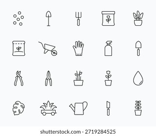 Conjunto de iconos lineales de jardinería. Herramientas de jardinería y símbolo de la plantación logotipo colecciones estilo de línea simple. Ilustración vectorial. Trazo editable