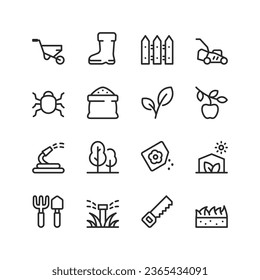 Gardening, linear style icons set. Caring for the garden and vegetable garden. Tools for the garden. Caring for the landscape and plants in the garden. Editable stroke width