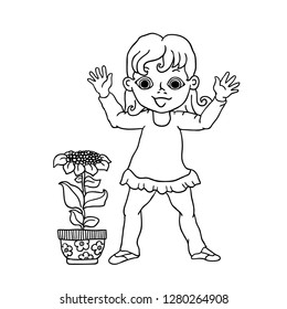 Gardening. Little girl is happy. Her seedlings grew in a big flower. Hand drawn sketch for coloring page. Black and White vector illustration. 
