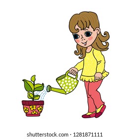 Gardening. Little girl watering seedling in a flowerpot. Hand drawn sketch. Colorful vector illustration. 