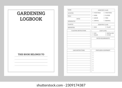 Diseño interior de cuaderno de registro de jardinería o portátil vectorial kdp	