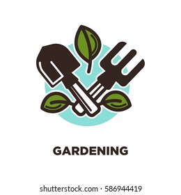 Gardening logo design with spade and rake with green leaves on background of blue spot. Garden instruments advertisement logotype for agriculture company design. Vector illustration in flat style