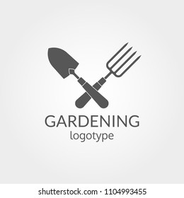 Gardening logo. Garden tools icon. Crossed trowel spade and garden fork. Farming and agriculture symbol. Vector illustration.