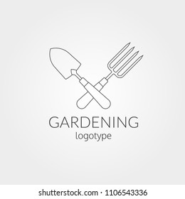 Gardening logo. Garden tools line icon. Crossed trowel spade and garden fork. Farming and agriculture symbol. Vector illustration.