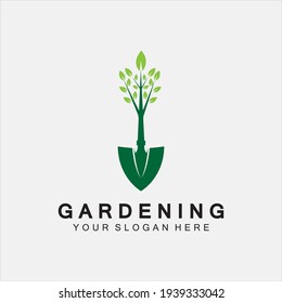 Gardening logo with shovel icon and tree with green leaves logo template.