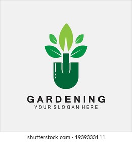 Gardening logo with shovel icon and tree with green leaves logo template.