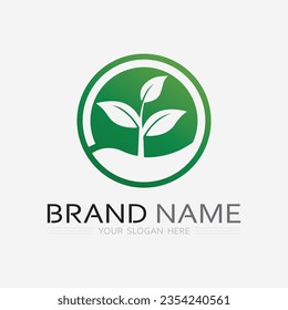 Gardening logo with shovel icon and tree with green leaves logo template.