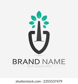 Gardening logo with shovel icon and tree with green leaves logo template.