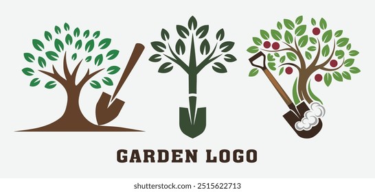 Gardening Logo Shovel Icon and a Tree With Green Leaves. The Shovel is Positioned Below the Tree, and the Tree Is positioned Above the Shovel. Garden Logo Vector