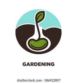 Gardening logo of sprouting tree isolated vector illustration. Seed growing from earth creating organic green plant with leaf. Environment protection concept vector illustration in flat style