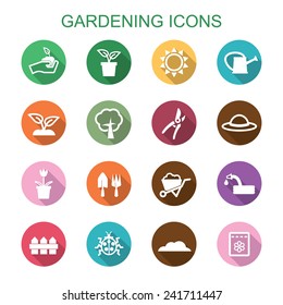 gardening long shadow icons, flat vector symbols