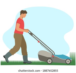 Gardening. Male gardener mows the grass with a lawn mower.  Vector illustration in the flat design style.	