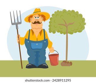 Gardening, a man with a rake and a bucket and a tree. Spring cartoon illustration, vector