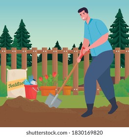 Gardening man with shovel design, garden planting and nature theme Vector illustration