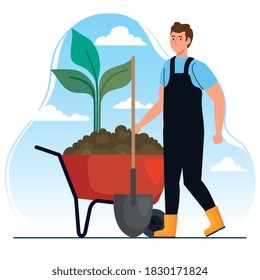 Gardening man with shovel and plant on wheelbarrow design, garden planting and nature theme Vector illustration