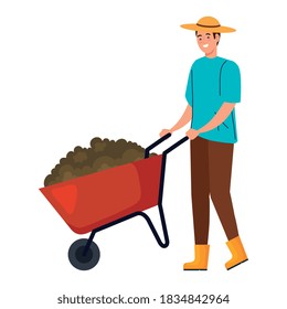 Gardening man with wheelbarrow design, garden planting and nature theme Vector illustration