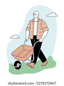 Gardening man with wheelbarrow. Spring gardening concept. Vector flat illustration.