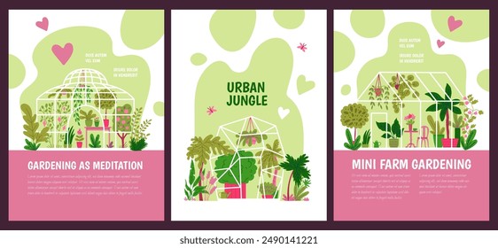 Gardening as meditation floral poster design. Cozy greenhouse, orangery with tropical trees, flowers and potted plants. Home gardening, urban jungle vector flat illustrations set.