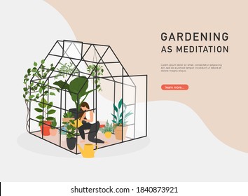 Gardening as meditation. Woman planting gardens flowers, agriculture gardener hobby and garden job inside glass greenhouse. svg